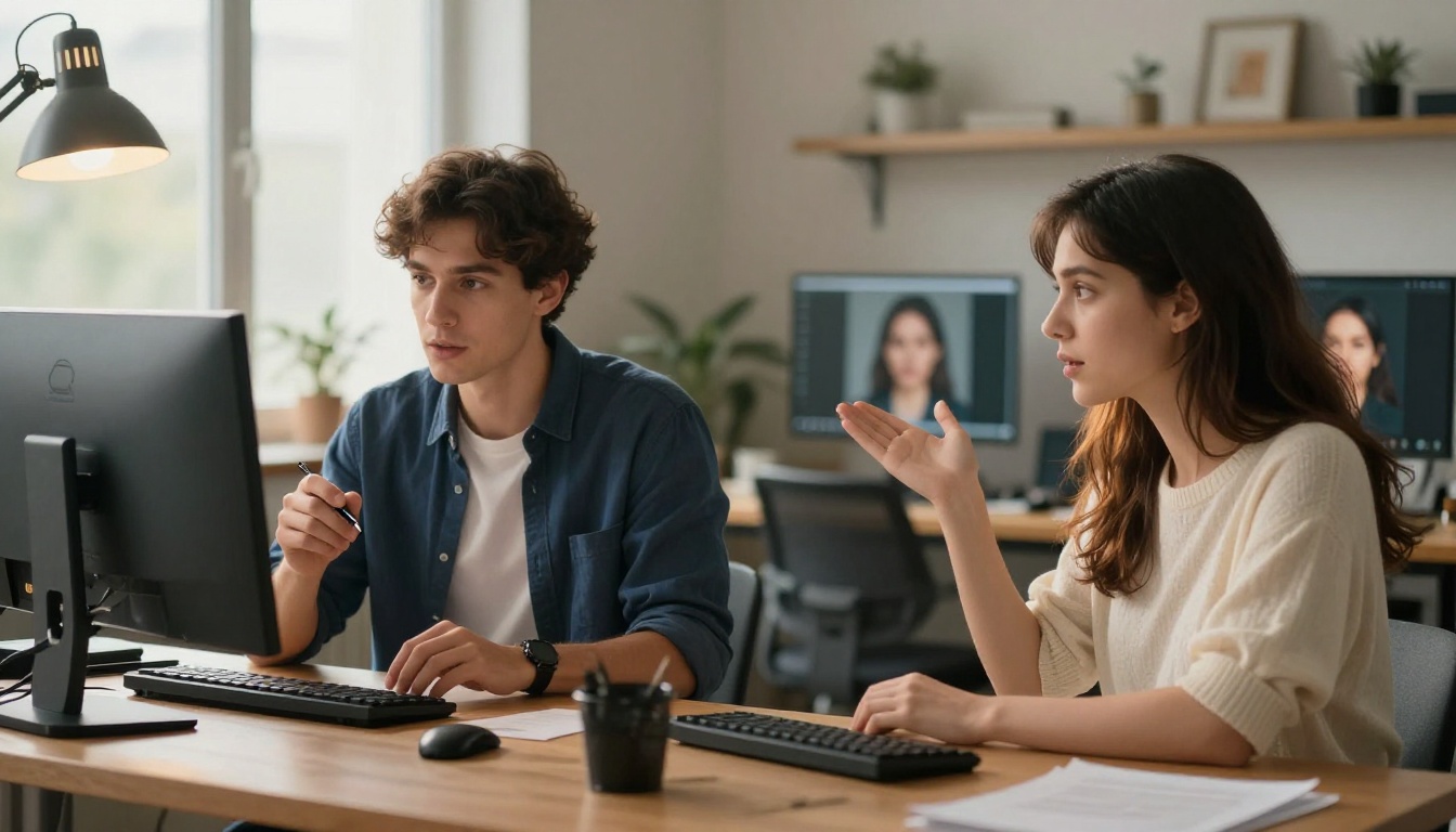 Two creative professionals comparing AI-generated images side by side on dual monitors