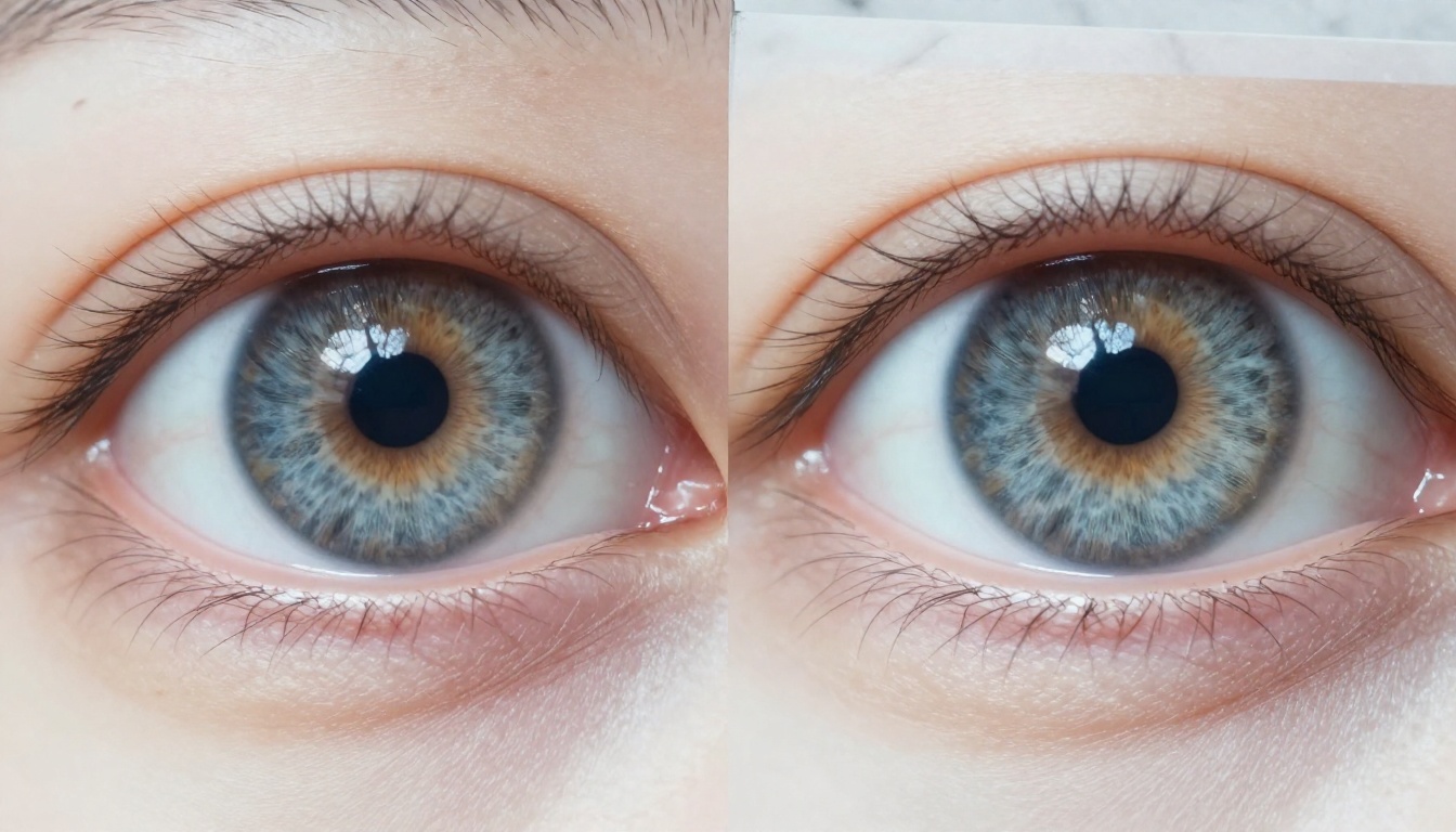 Macro close-up of two AI-generated eye prints showing iris texture and capillary differences