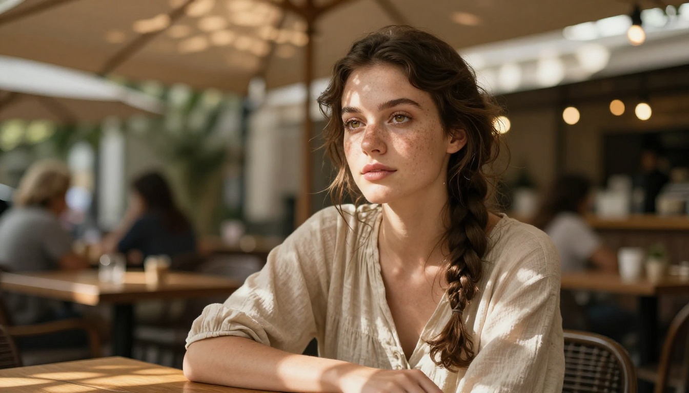 Photorealistic portrait of a freckled woman at a café with dappled light and bokeh background