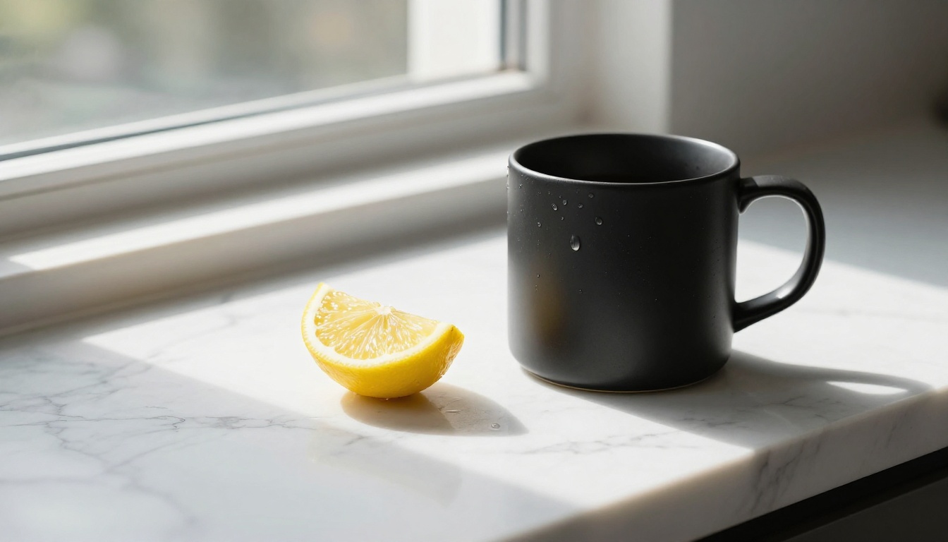 Minimalist product photo of a matte black coffee mug on marble with lemon slice and condensation droplets