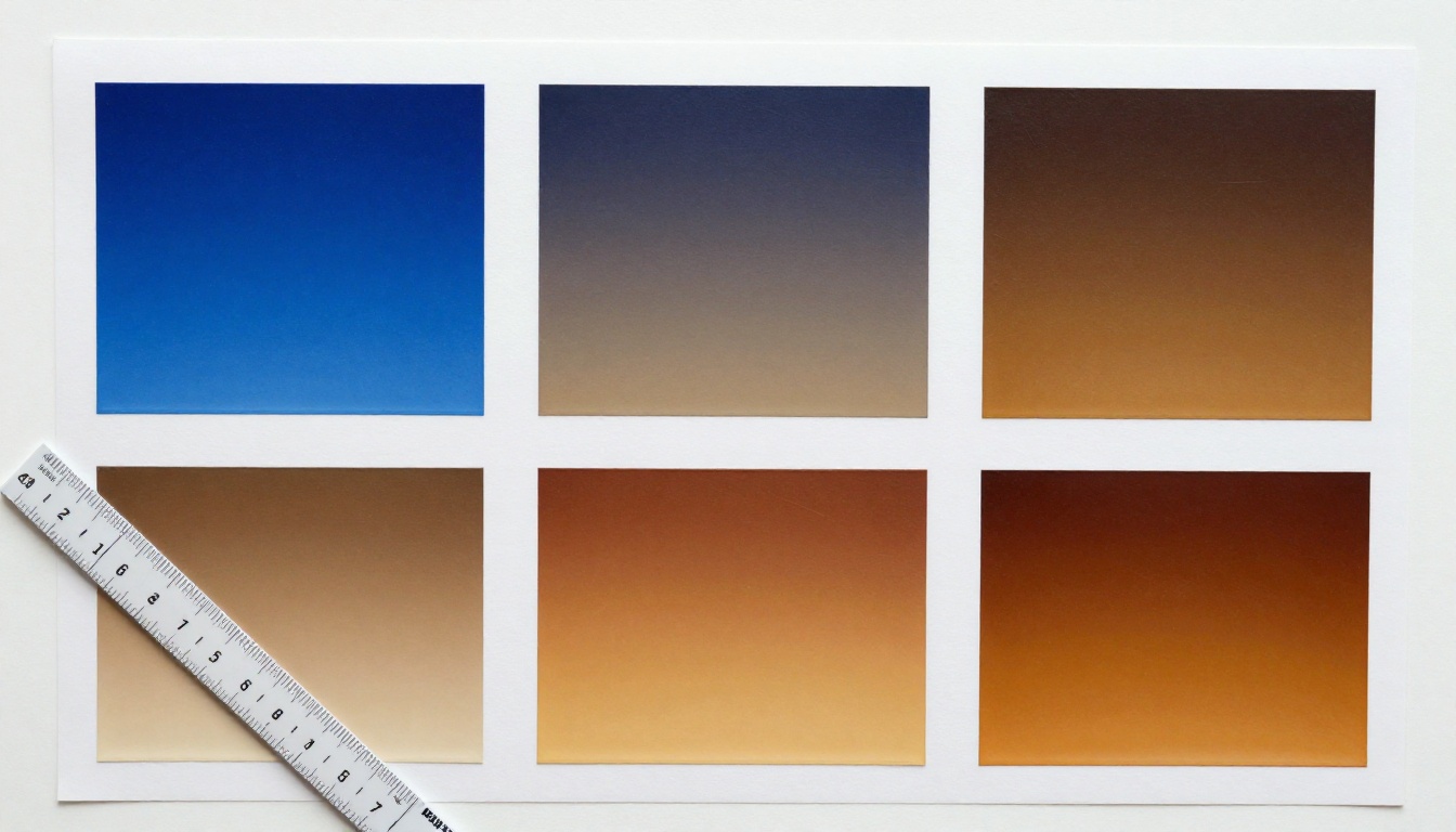 Top-down flat-lay of six color calibration prints showing gradient swatches with a Pantone ruler diagonal