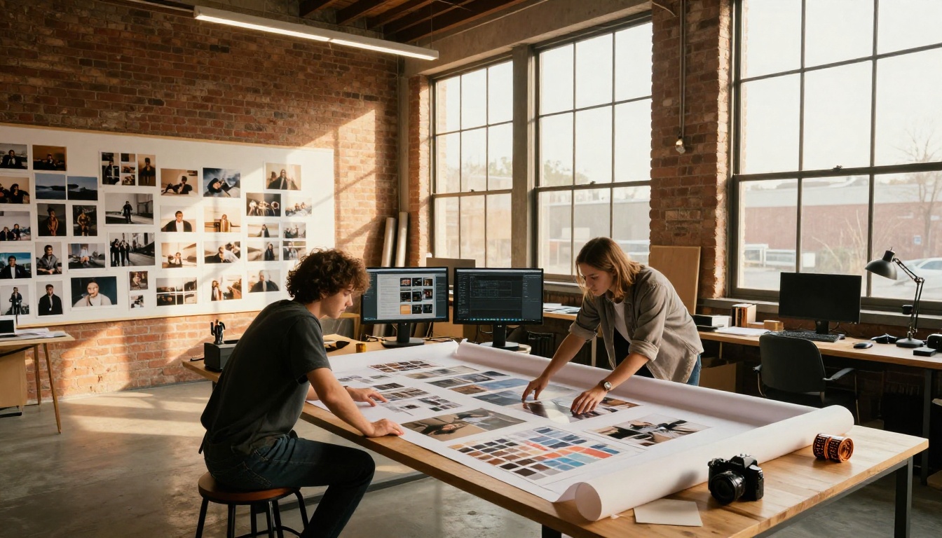 Wide-angle creative studio interior with mood boards, two designers reviewing a wide-format print