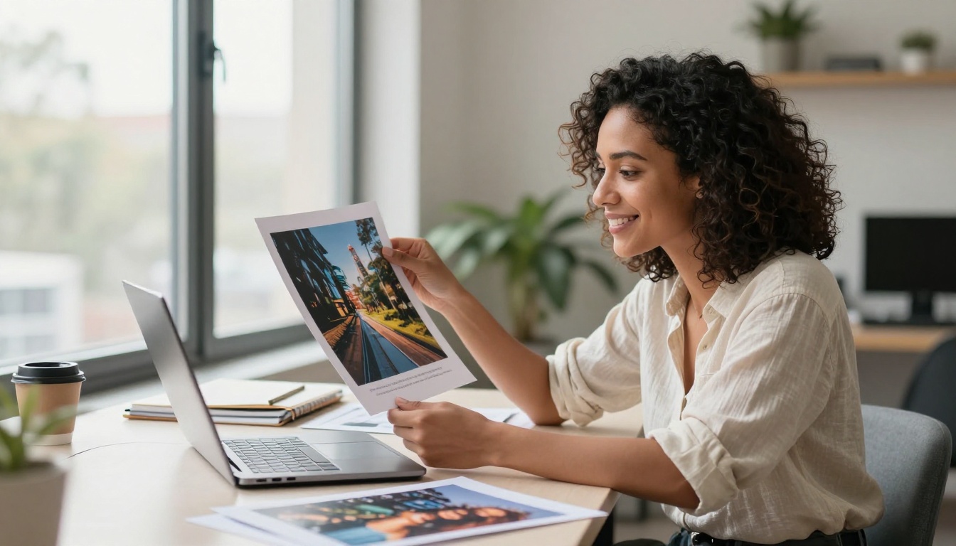 Creative professional examining an AI-generated print held to window light, expression delighted