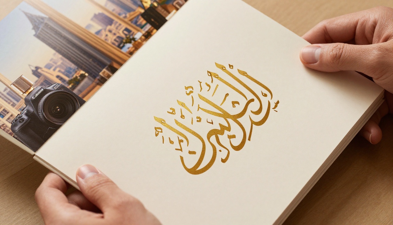 Close-up of a luxury marketing brochure with accurate Arabic calligraphy in gold ink on cream paper, perfume advertisement Close-up of a luxury marketing brochure with accurate Arabic calligraphy in gold ink on cream paper, perfume advertisement
