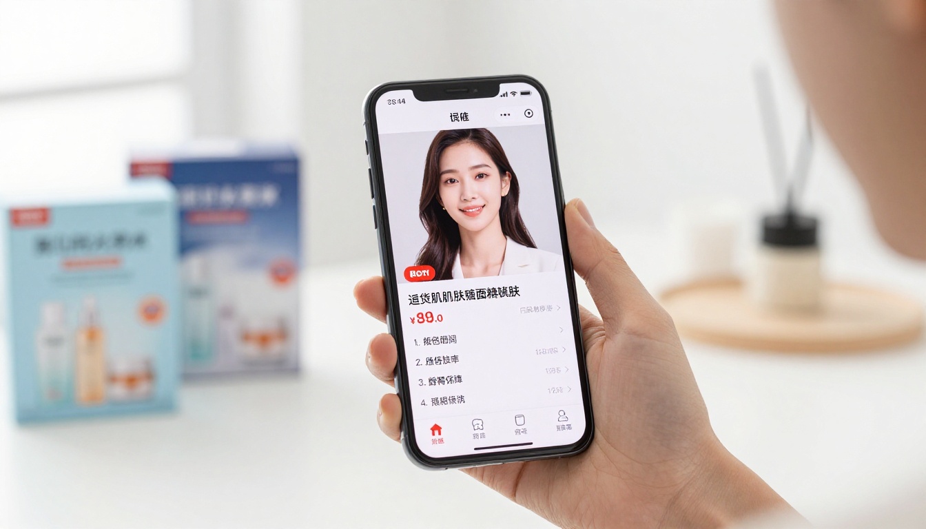A Chinese woman holding a smartphone showing an e-commerce app with accurate Chinese character product listings and skincare products A Chinese woman holding a smartphone showing an e-commerce app with accurate Chinese character product listings and skincare products