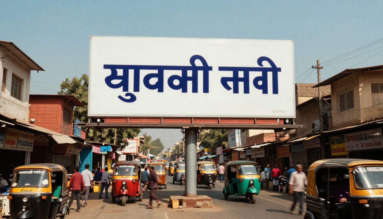An outdoor Devanagari Hindi billboard in a bustling Indian market street under bright midday sun with auto-rickshaws below An outdoor Devanagari Hindi billboard in a bustling Indian market street under bright midday sun with auto-rickshaws below