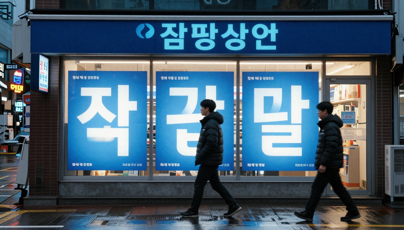 A Seoul convenience store at dusk with Korean Hangul promotional posters in bold white text on electric blue, rain-slicked pavement A Seoul convenience store at dusk with Korean Hangul promotional posters in bold white text on electric blue, rain-slicked pavement