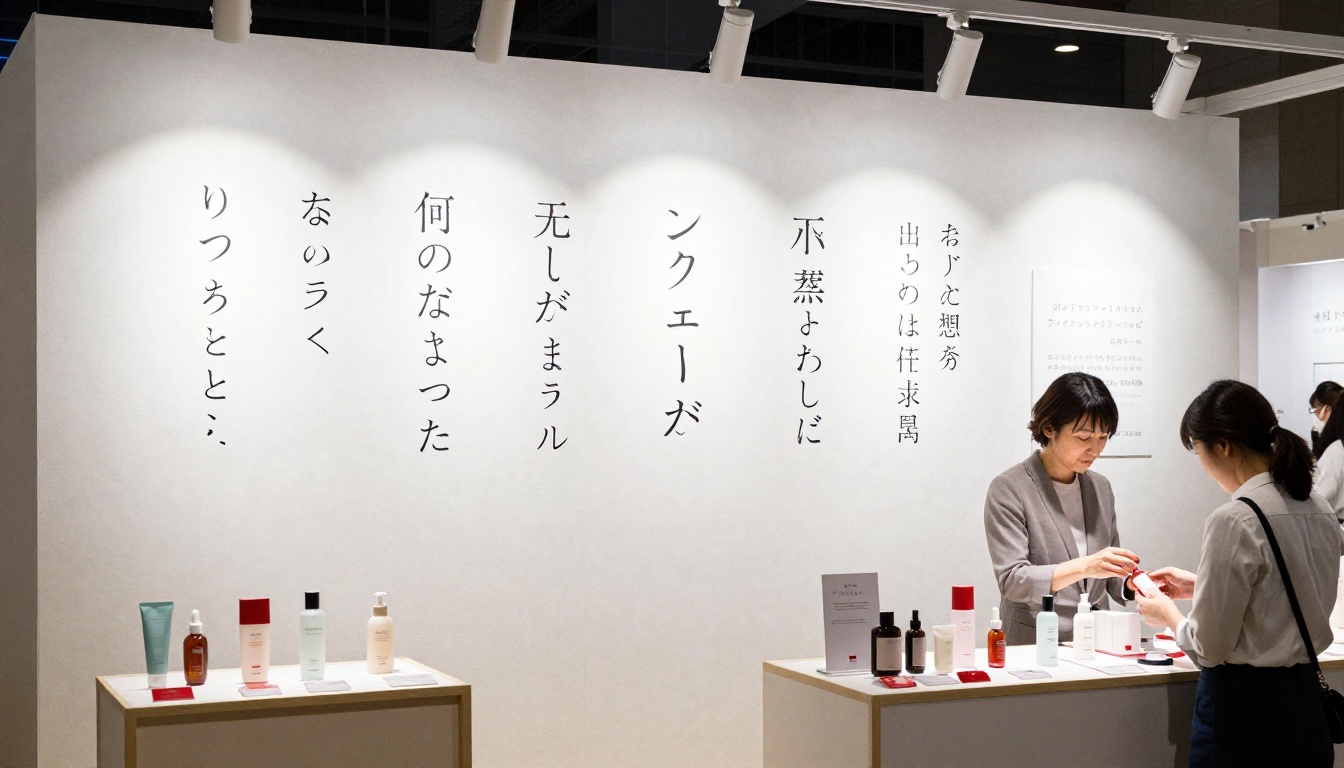 A Japanese cosmetics popup booth at a Tokyo trade fair with accurate hiragana and kanji typography on a white washi paper backdrop A Japanese cosmetics popup booth at a Tokyo trade fair with accurate hiragana and kanji typography on a white washi paper backdrop
