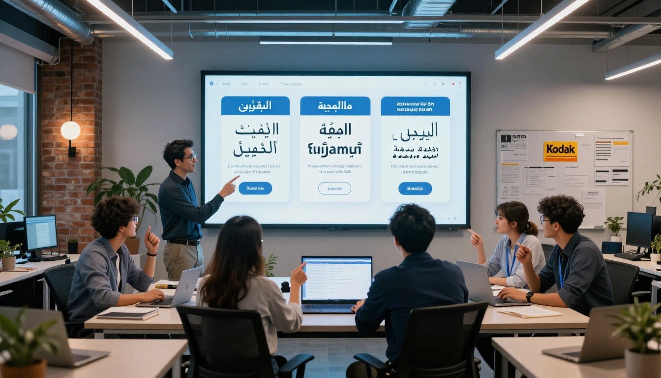 A diverse marketing team gathered around a monitor reviewing multilingual social media ad campaigns in Arabic, Thai, and Russian A diverse marketing team gathered around a monitor reviewing multilingual social media ad campaigns in Arabic, Thai, and Russian
