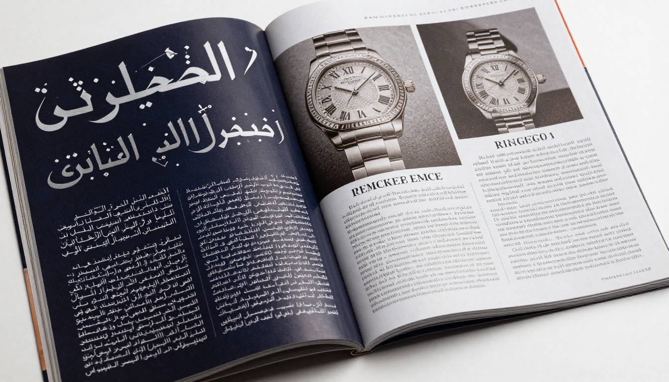A printed luxury magazine spread showing Arabic and French versions of the same watch advertisement side by side, paper texture visible A printed luxury magazine spread showing Arabic and French versions of the same watch advertisement side by side, paper texture visible