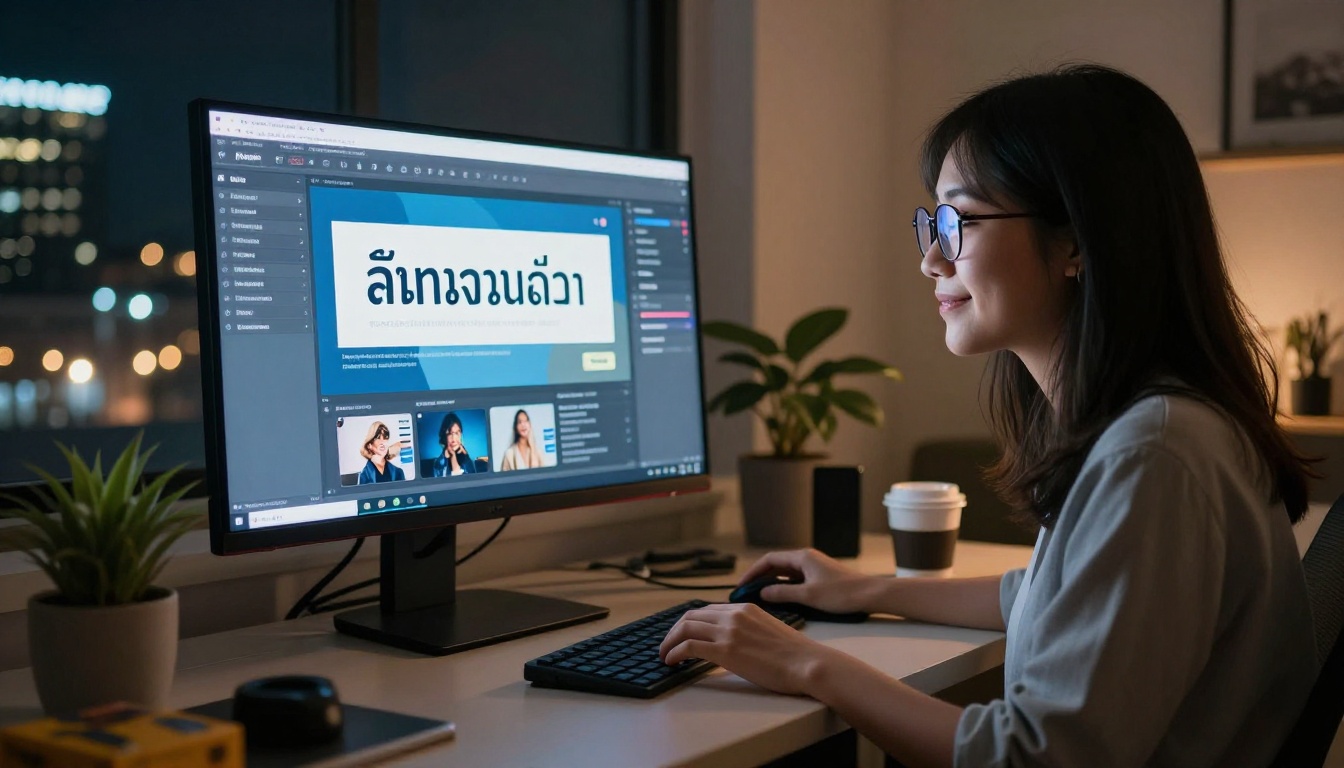 A Southeast Asian digital marketer at a desk with a monitor showing an AI image generation interface for multilingual marketing content A Southeast Asian digital marketer at a desk with a monitor showing an AI image generation interface for multilingual marketing content