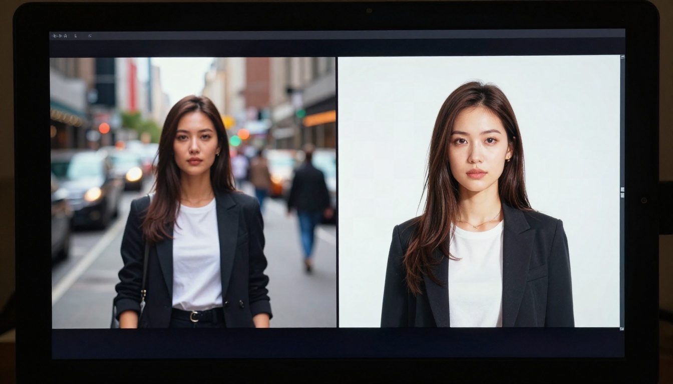 Before and after AI layer separation comparison showing woman isolated from city street background on professional monitor Before and after AI layer separation comparison showing woman isolated from city street background on professional monitor