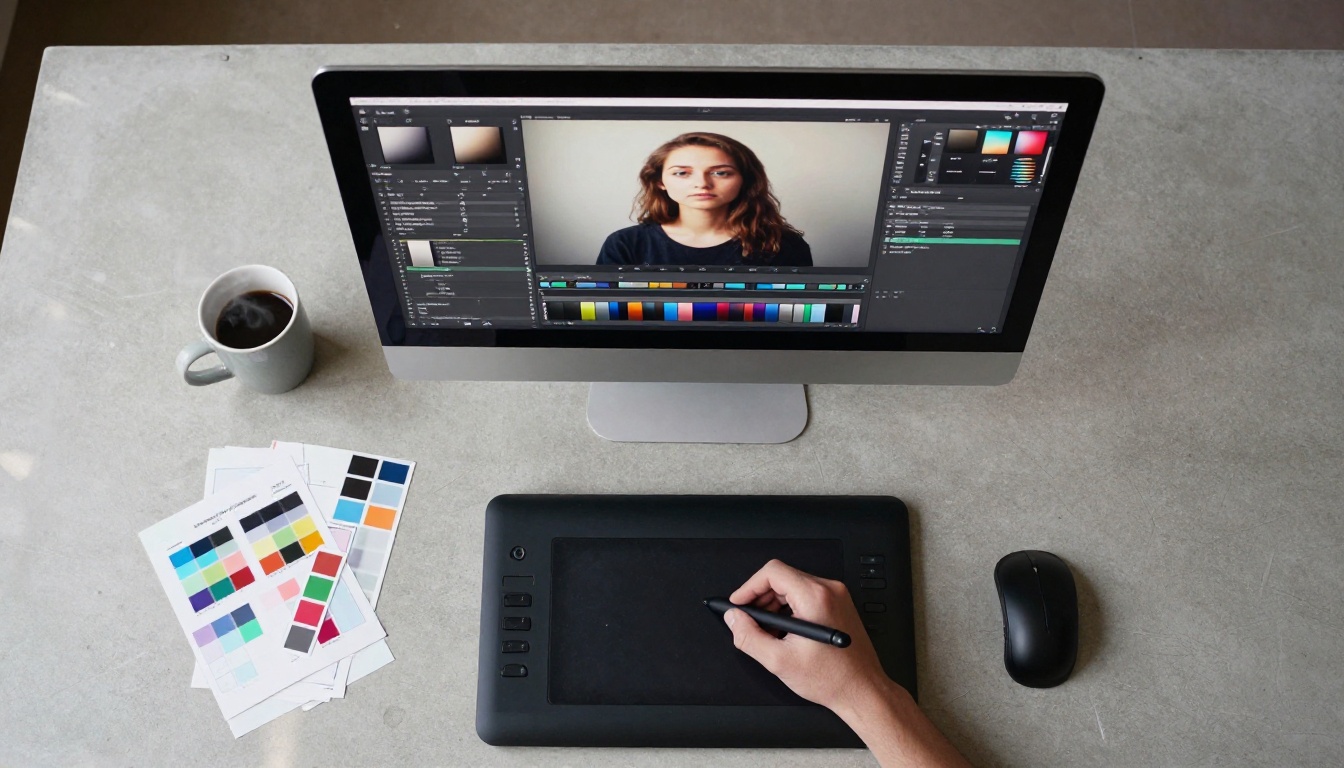 Overhead aerial view of professional photo editing workspace with Wacom tablet, color calibration cards, and monitor showing layer separation panels Overhead aerial view of professional photo editing workspace with Wacom tablet, color calibration cards, and monitor showing layer separation panels