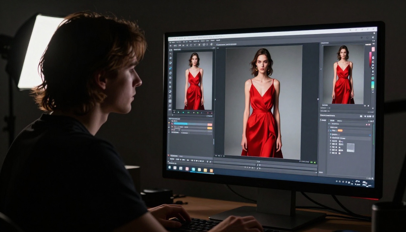 Fashion photographer reviewing isolated red dress portrait on large studio monitor with dramatic chiaroscuro lighting from above Fashion photographer reviewing isolated red dress portrait on large studio monitor with dramatic chiaroscuro lighting from above