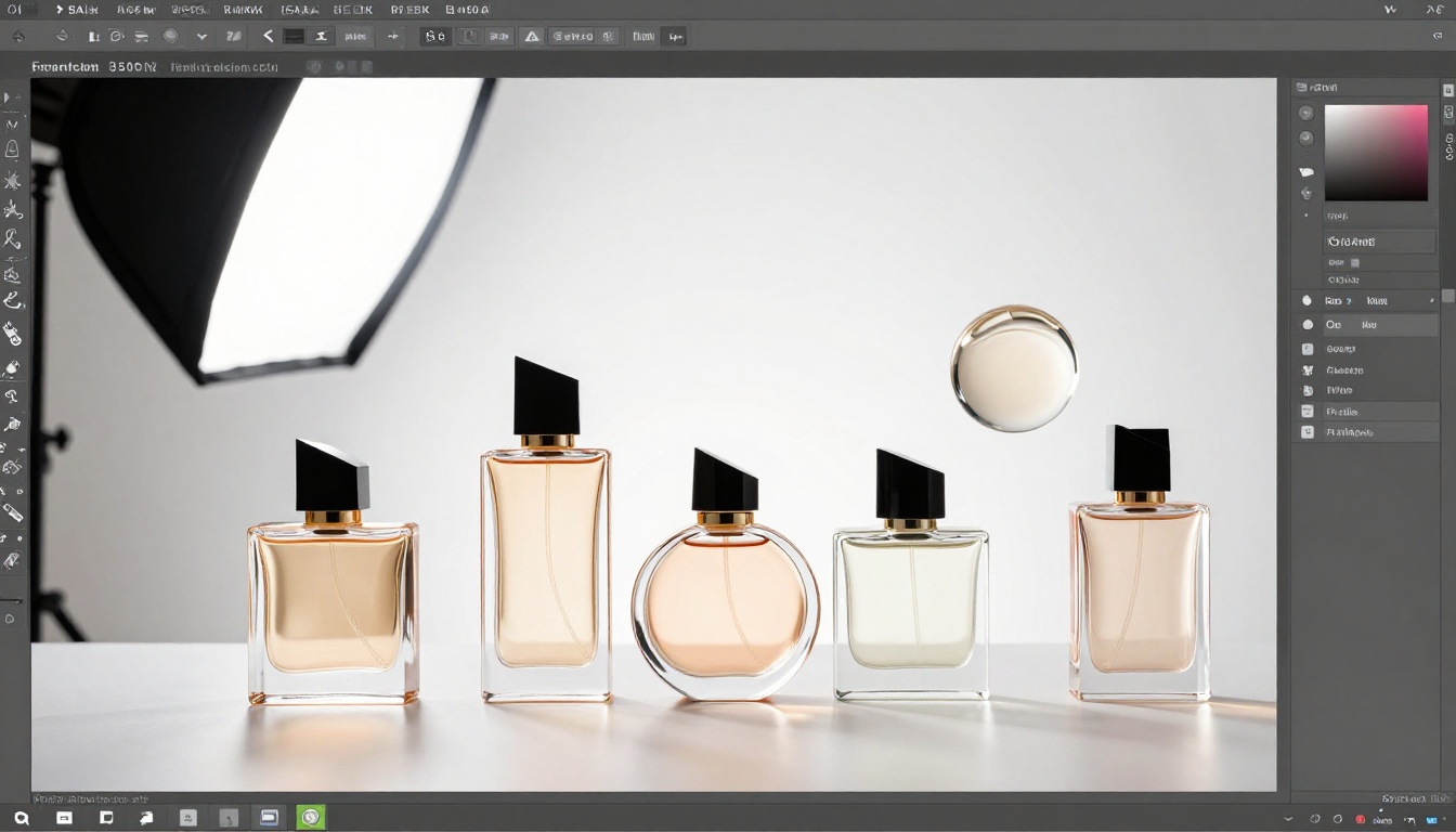 Luxury perfume bottles precisely isolated on clean white background using AI layer separation with editing panel visible on side Luxury perfume bottles precisely isolated on clean white background using AI layer separation with editing panel visible on side
