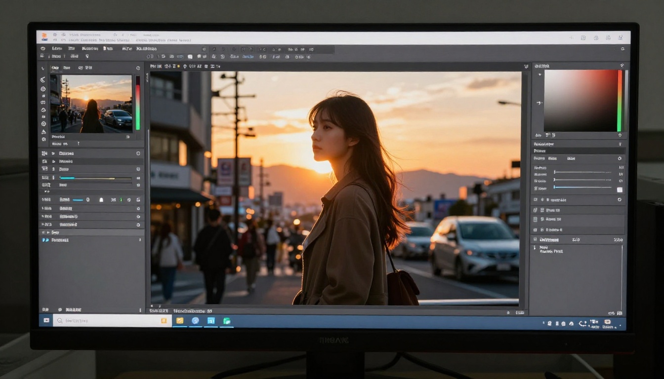 Editing workstation monitor showing Tokyo street background swapped with mountain sunset composite, blend mode controls visible on panel Editing workstation monitor showing Tokyo street background swapped with mountain sunset composite, blend mode controls visible on panel