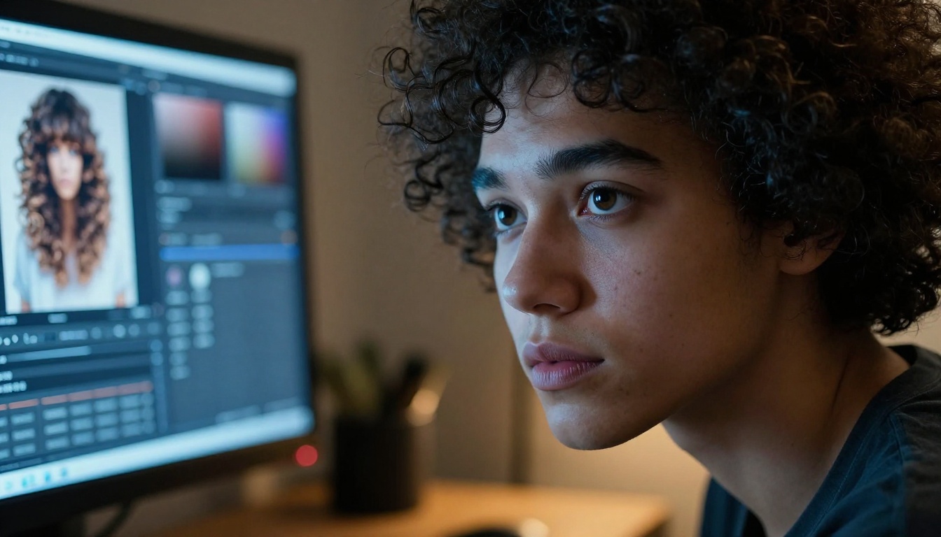 Close-up portrait of photo editor lit by monitor glow concentrating on complex curly hair mask selection in dark home studio Close-up portrait of photo editor lit by monitor glow concentrating on complex curly hair mask selection in dark home studio