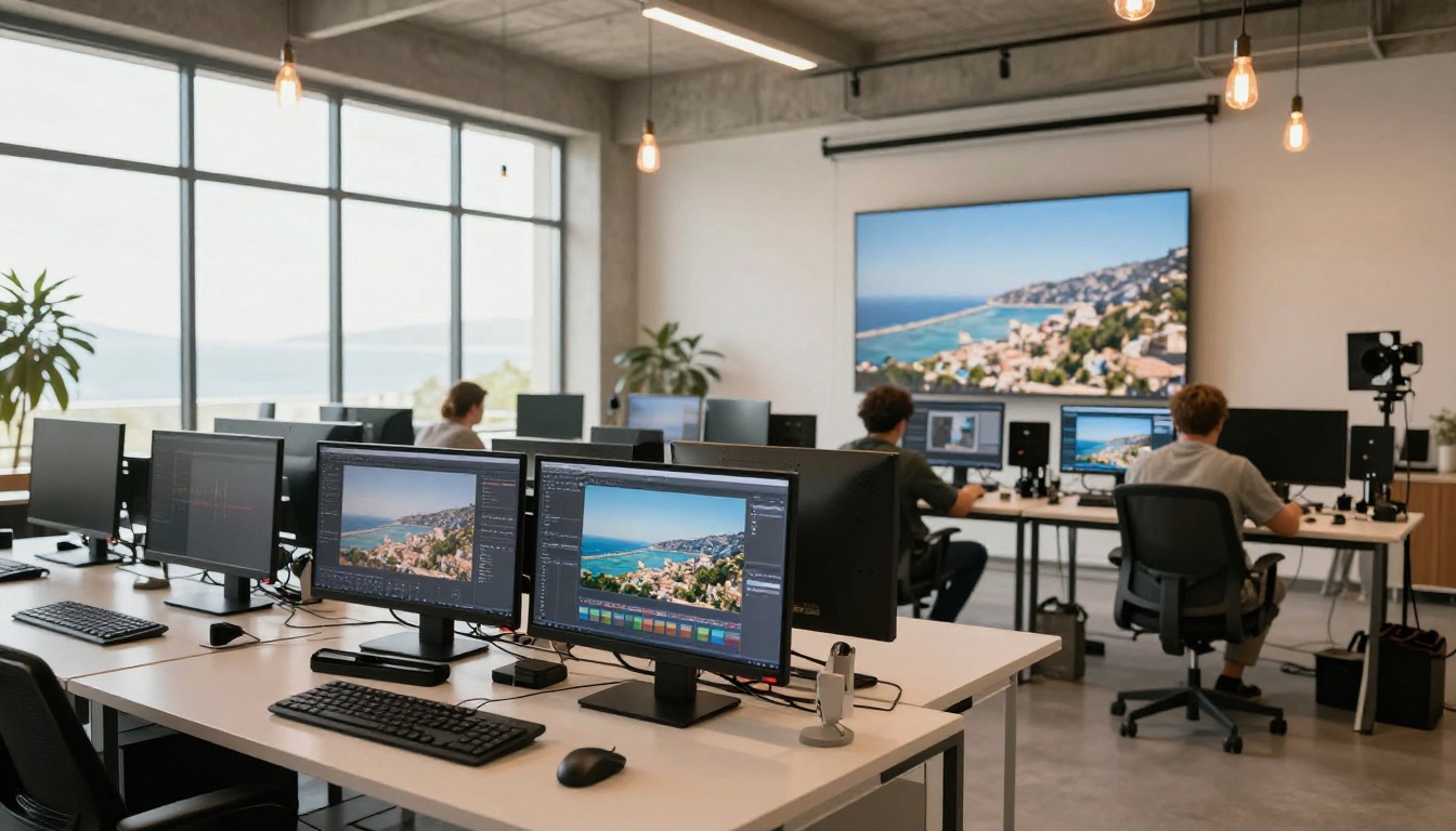 Wide shot of professional post-production studio with multiple workstations, foreground screen showing Mediterranean background swap in progress Wide shot of professional post-production studio with multiple workstations, foreground screen showing Mediterranean background swap in progress