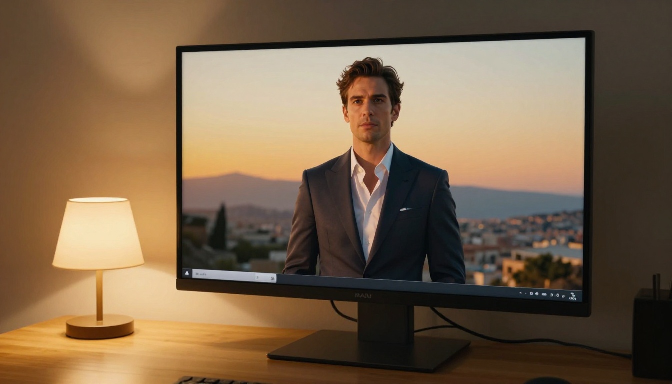 Dynamic low-angle shot looking up at 32-inch monitor displaying finished portrait composite with warm golden Mediterranean sunset background Dynamic low-angle shot looking up at 32-inch monitor displaying finished portrait composite with warm golden Mediterranean sunset background
