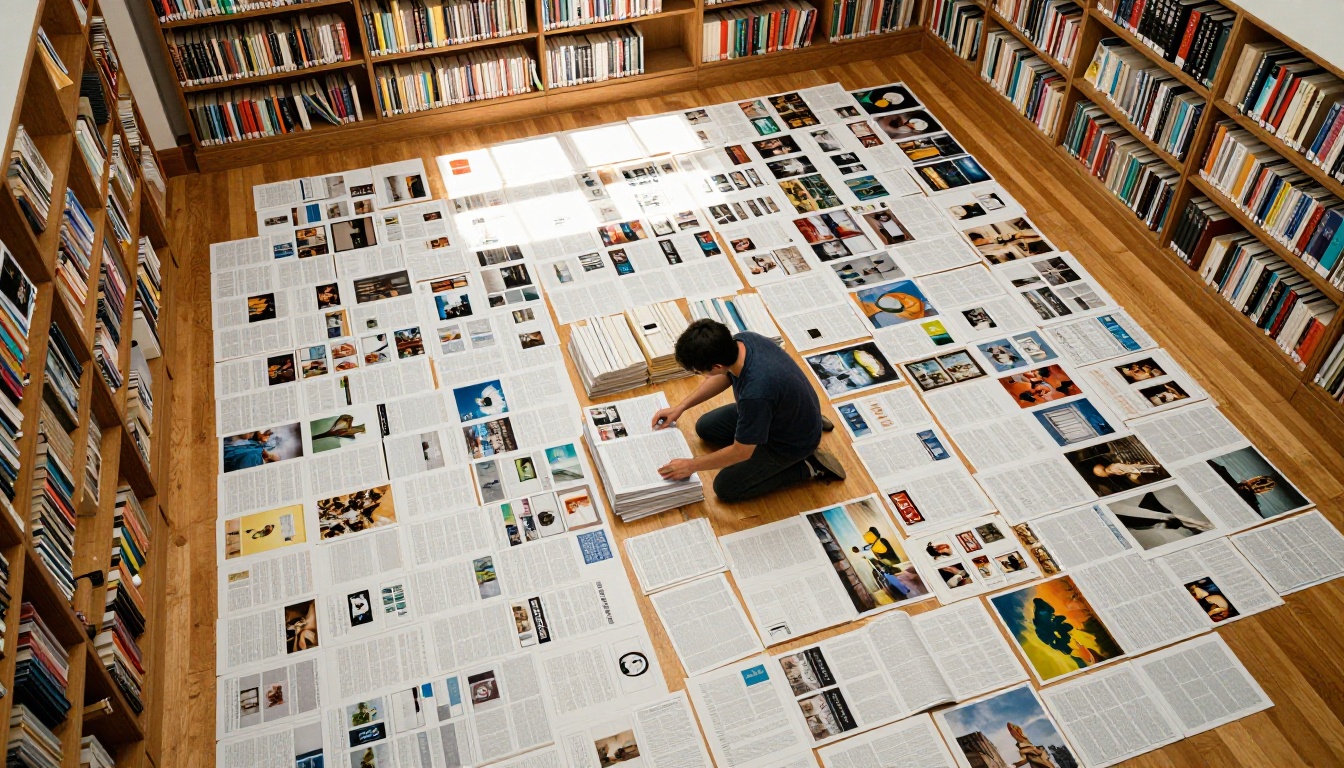 Aerial view of thousands of reference materials spread across a studio floor Aerial view of thousands of reference materials spread across a studio floor