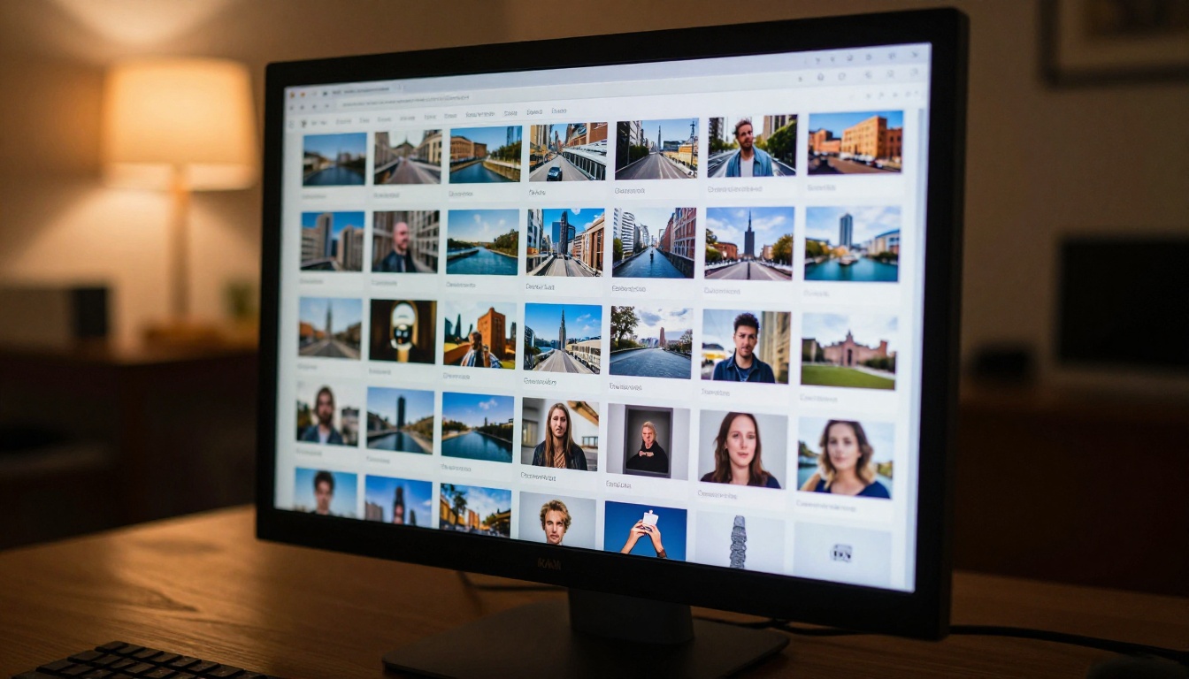 Monitor displaying web search results grid of photographs Monitor displaying web search results grid of photographs