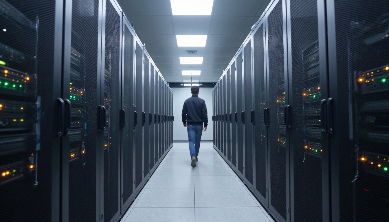 Wide view of a professional server room with rows of computing equipment Wide view of a professional server room with rows of computing equipment