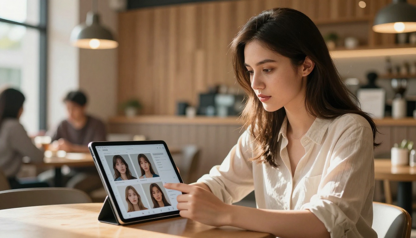 Young woman reviewing AI-generated images on a tablet at a cafe Young woman reviewing AI-generated images on a tablet at a cafe
