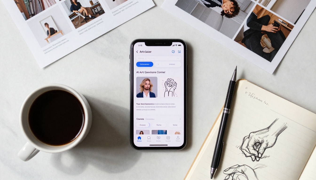 Overhead flat-lay of smartphone, sketchbook, coffee, and photo references on marble Overhead flat-lay of smartphone, sketchbook, coffee, and photo references on marble