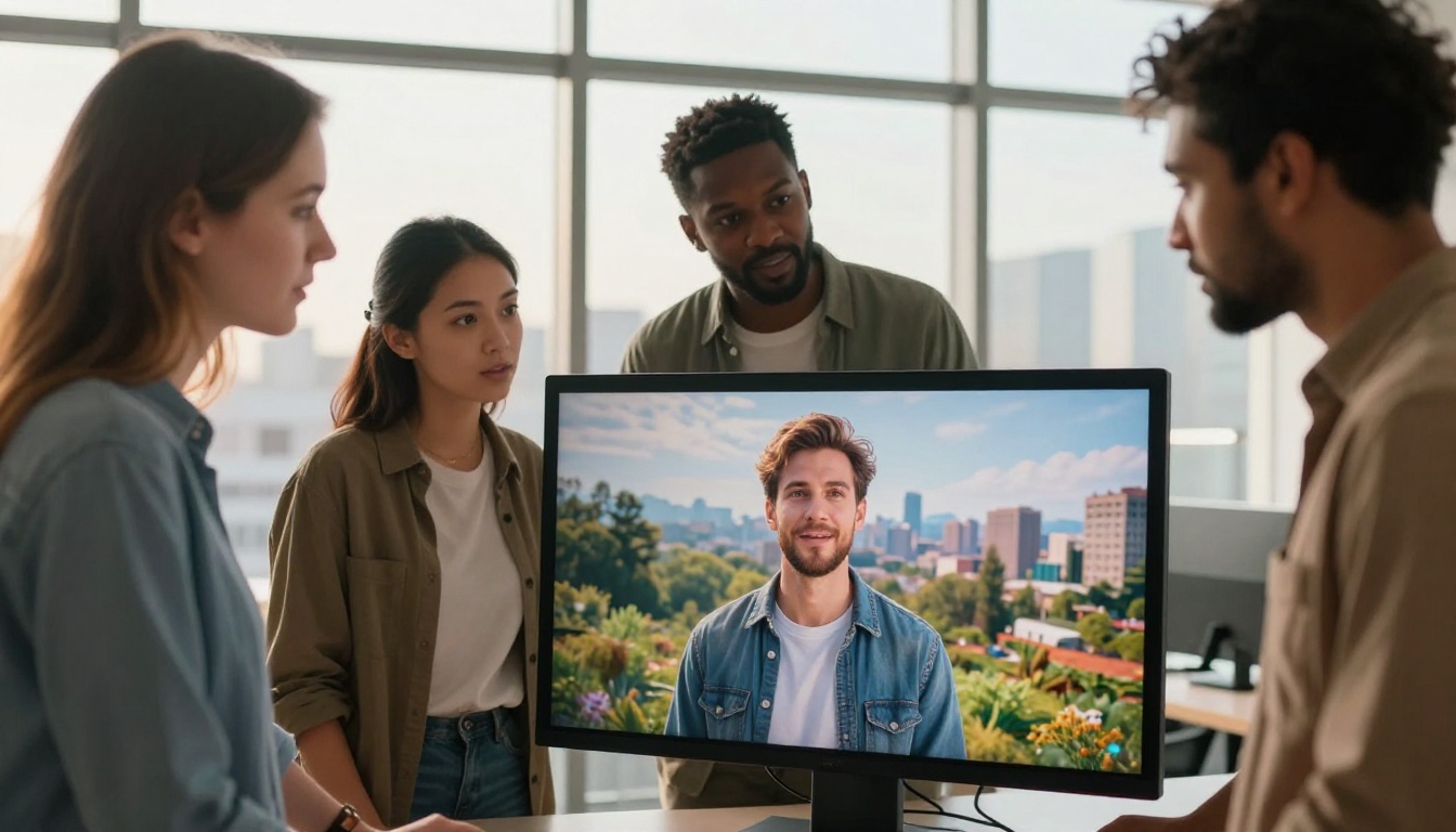 Group of creative professionals studying an AI-generated landscape on a large monitor Group of creative professionals studying an AI-generated landscape on a large monitor