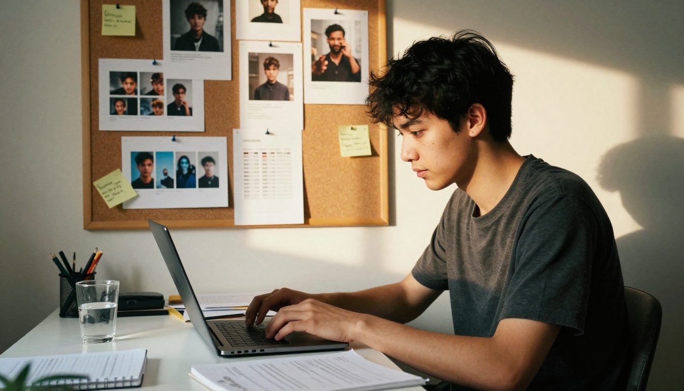 A young man working on a laptop in a warm home office, representing casual users evaluating AI image tools for personal projects