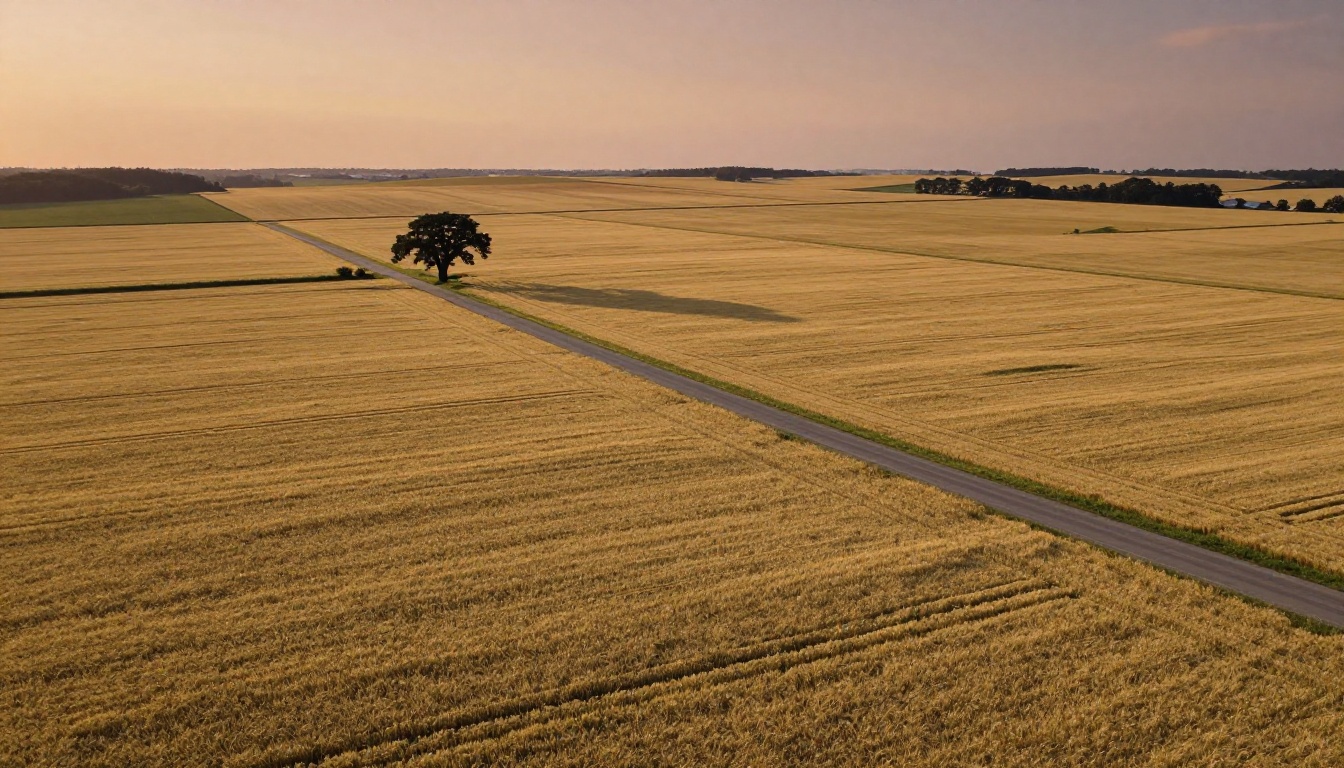 Aerial drone view of a vast wheat field at golden hour, demonstrating the landscape detail achievable with 2K AI image generation