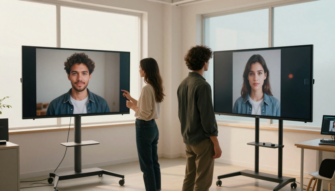 Two creative professionals reviewing AI-generated portrait images on monitors in a bright studio, comparing different model outputs
