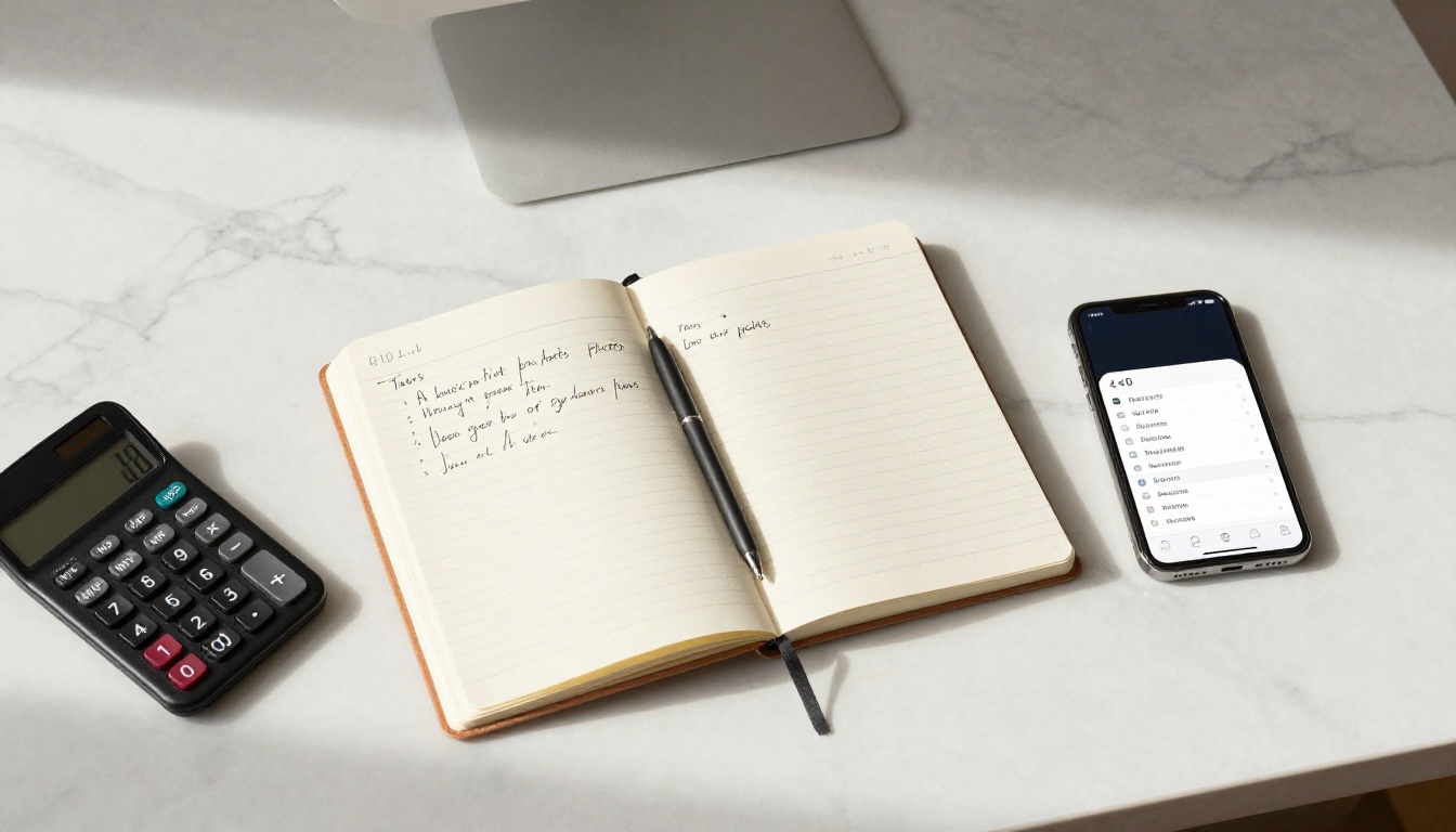 Flat-lay of a desk with pricing research notes, calculator, and smartphone, representing the process of comparing AI model costs