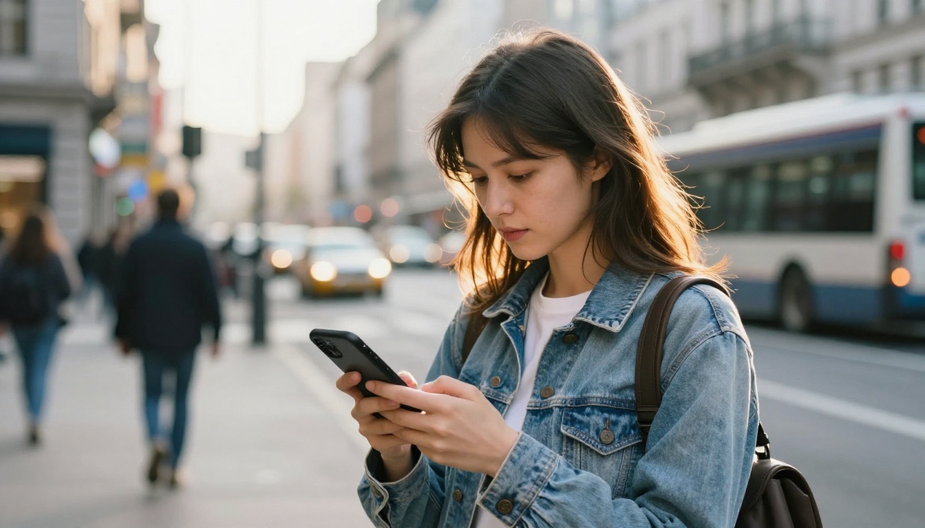 A woman on a busy urban street using a smartphone, representing mobile access to PicassoIA's image generation tools
