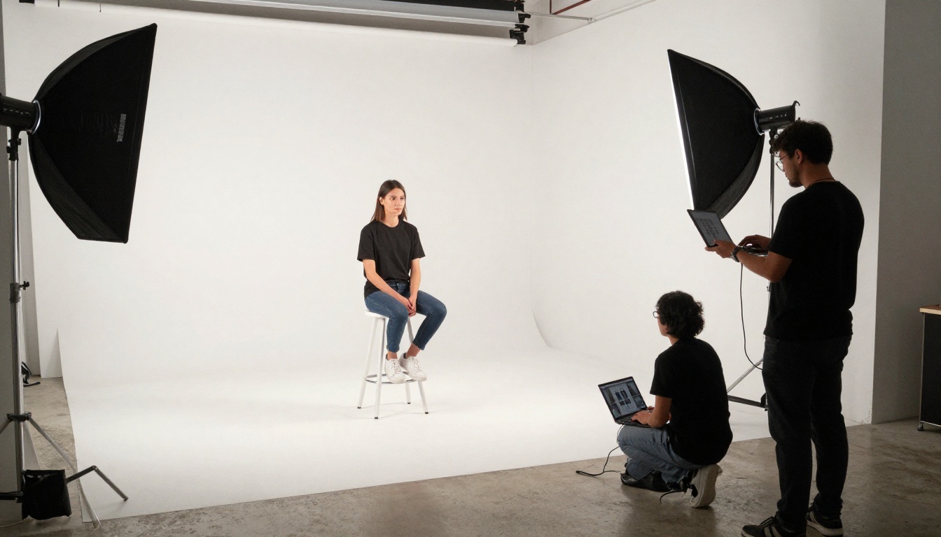 Wide shot of a professional photography studio with a model and photographer reviewing images, representing the production quality level AI image tools now replicate