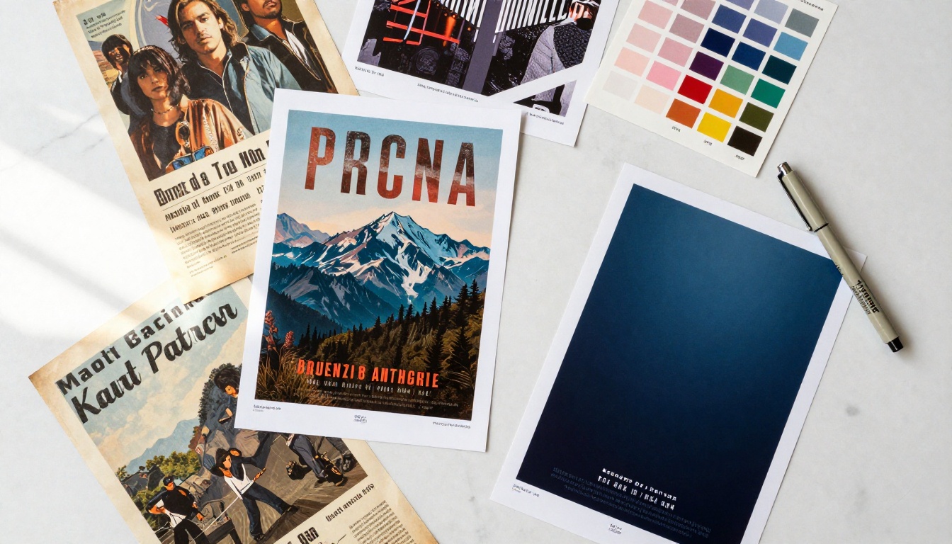 Overhead flat-lay of multiple printed concert posters with color swatches and Pantone chips on a marble desk Overhead flat-lay of multiple printed concert posters with color swatches and Pantone chips on a marble desk