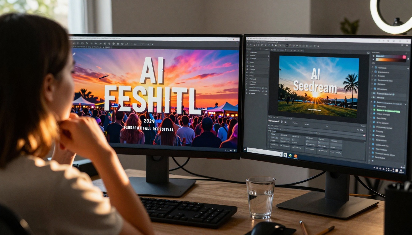 Graphic designer at dual monitors reviewing an AI-generated festival poster on screen Graphic designer at dual monitors reviewing an AI-generated festival poster on screen