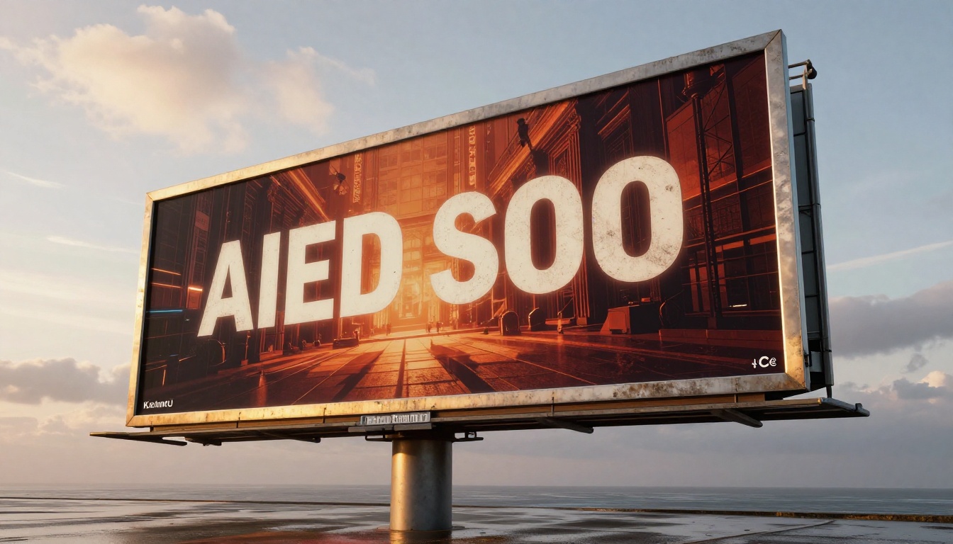 Outdoor billboard displaying an AI-generated event poster at street level with wet asphalt reflections Outdoor billboard displaying an AI-generated event poster at street level with wet asphalt reflections