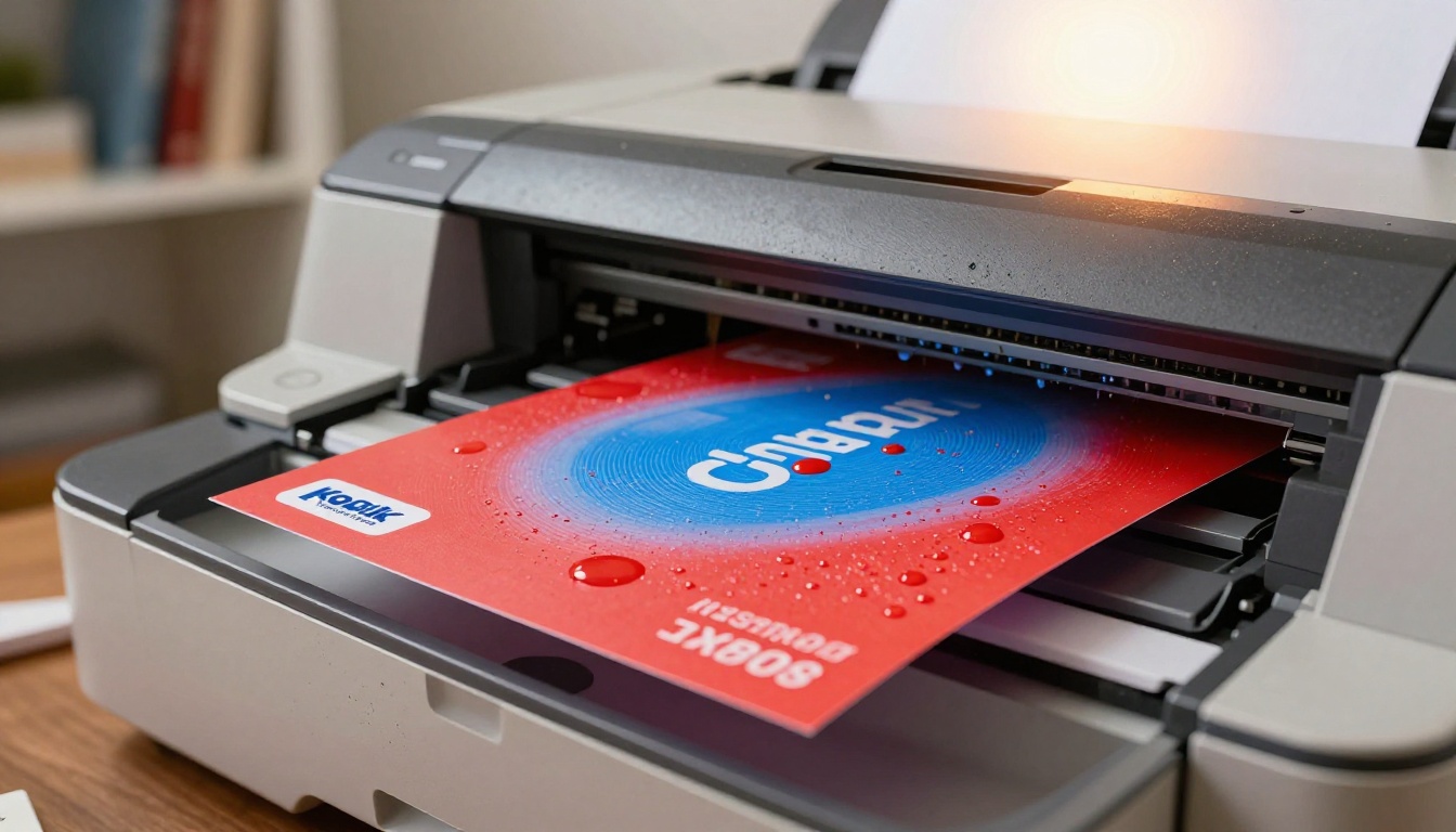 Inkjet printer mid-print with a vivid event flyer emerging from the output tray Inkjet printer mid-print with a vivid event flyer emerging from the output tray