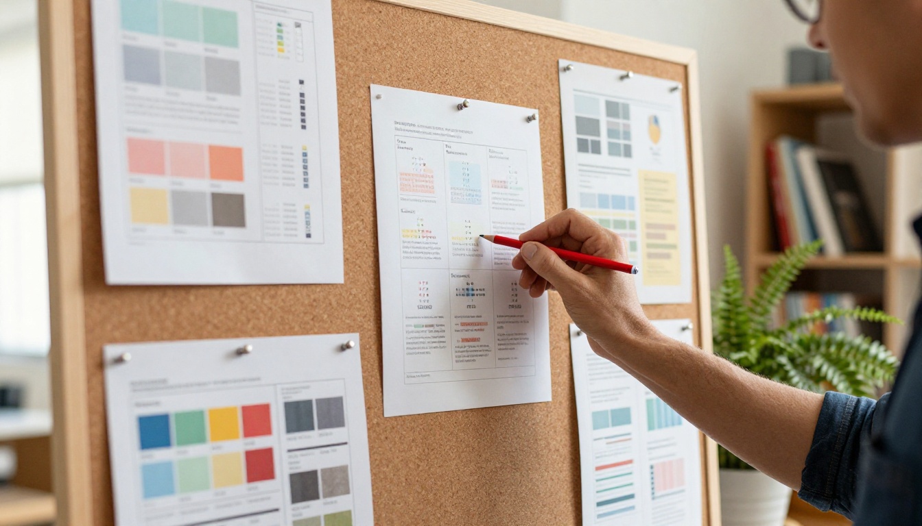 Designer at a cork board reviewing printed flyer proofs with a red editing pencil Designer at a cork board reviewing printed flyer proofs with a red editing pencil