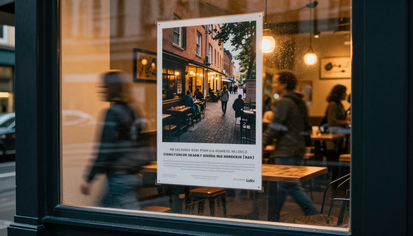 Urban café exterior at dusk with a framed event poster in the window display Urban café exterior at dusk with a framed event poster in the window display