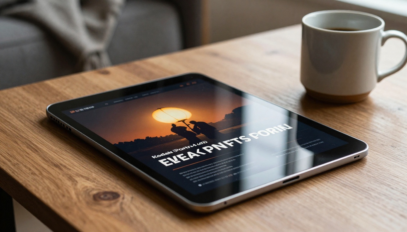 Tablet on a wooden coffee table displaying a digital event flyer with a landscape photograph background Tablet on a wooden coffee table displaying a digital event flyer with a landscape photograph background