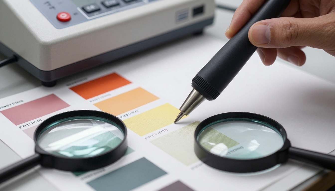 Professional color calibration process in a print studio with a spectrophotometer on a printed poster proof and Pantone swatches Professional color calibration process in a print studio with a spectrophotometer on a printed poster proof and Pantone swatches