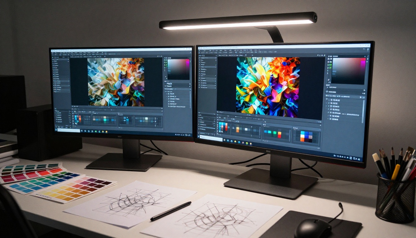 Designer reviewing printed AI image comparison sheets on a light oak desk Designer reviewing printed AI image comparison sheets on a light oak desk