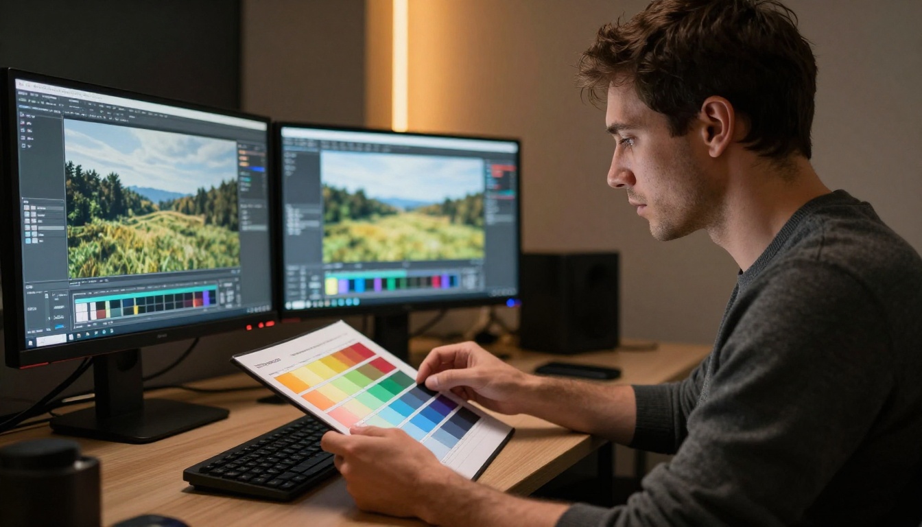Creative director studying color calibration charts on a dual-monitor setup Creative director studying color calibration charts on a dual-monitor setup