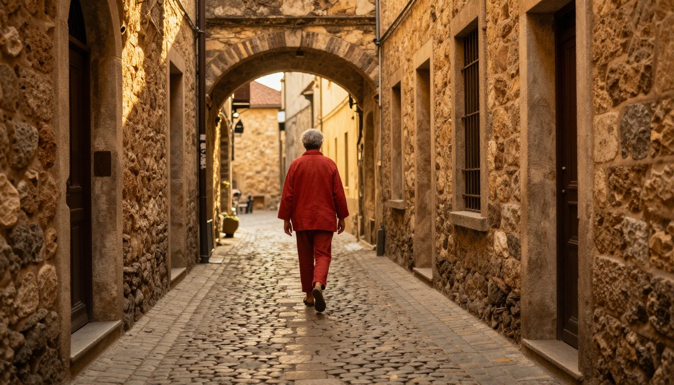 Cobblestone alley at golden hour with a figure in the distance Cobblestone alley at golden hour with a figure in the distance