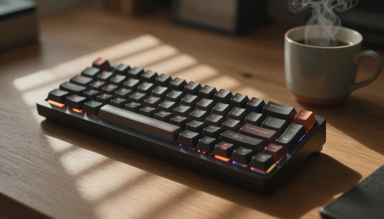 Mechanical keyboard on a wooden desk with morning light through blinds Mechanical keyboard on a wooden desk with morning light through blinds