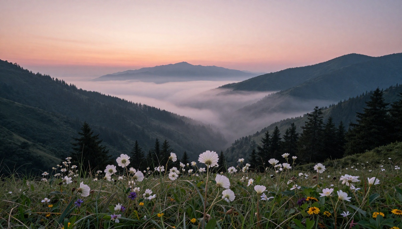Landscape at sunrise with valley fog and foreground wildflowers Landscape at sunrise with valley fog and foreground wildflowers