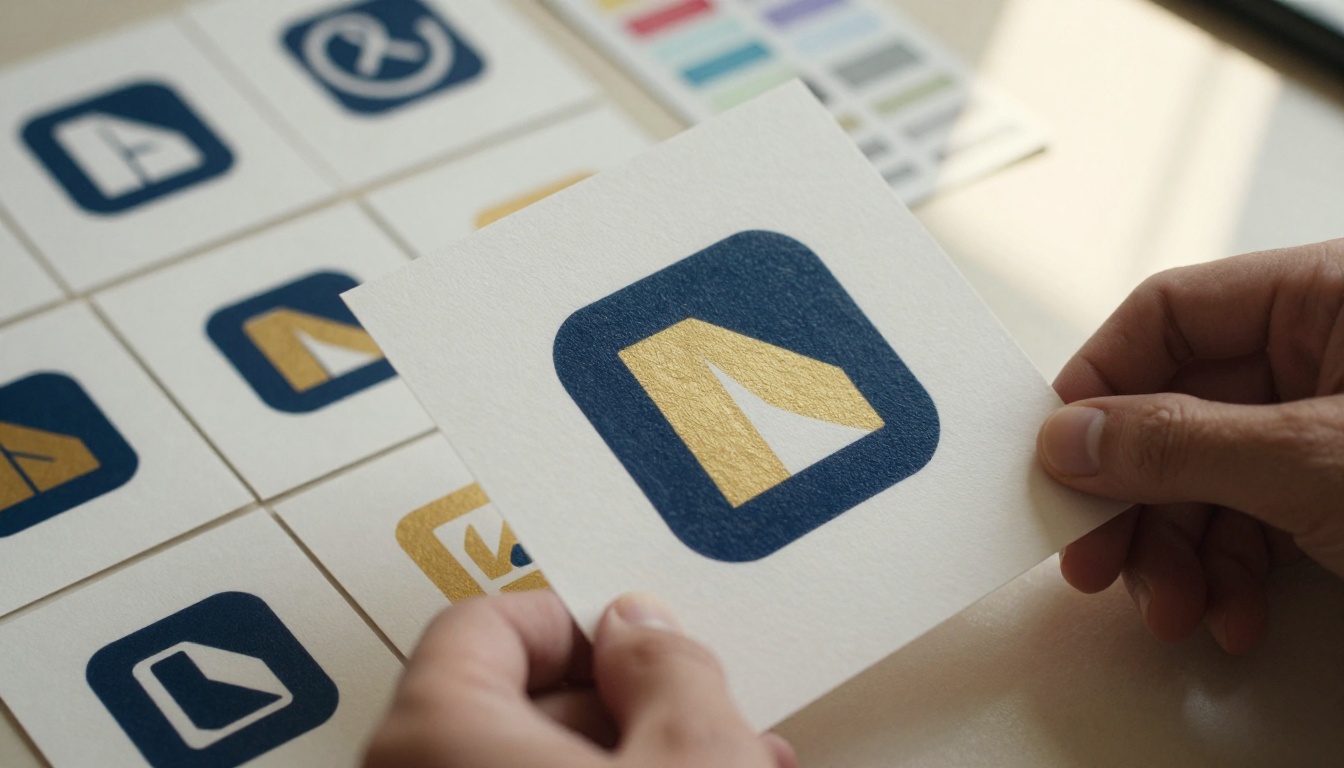 Logo variations arranged on a light table showing geometric logomarks in navy and gold ink on thick paper stock Logo variations arranged on a light table showing geometric logomarks in navy and gold ink on thick paper stock
