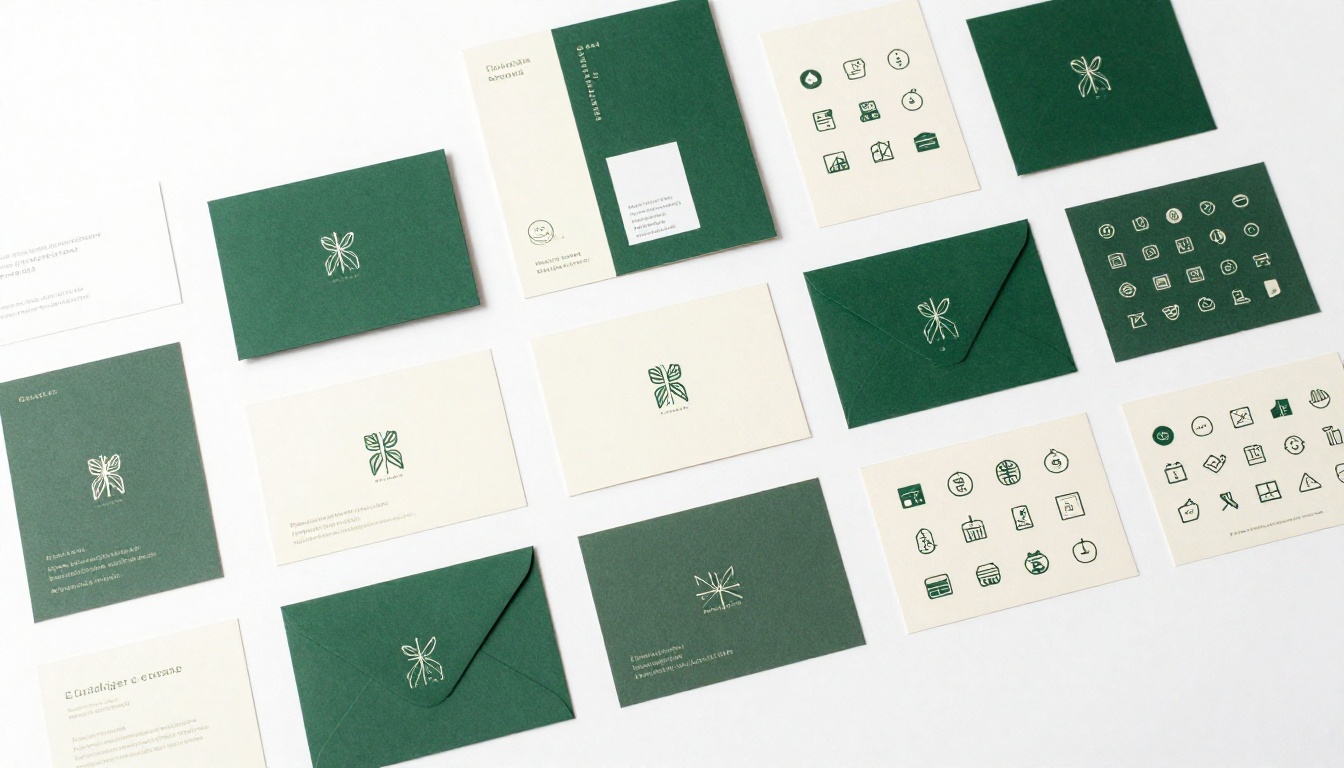 Brand identity system arranged as flat lay on a white oak desk showing cohesive business cards, letterheads, and icon grids in forest green and cream Brand identity system arranged as flat lay on a white oak desk showing cohesive business cards, letterheads, and icon grids in forest green and cream